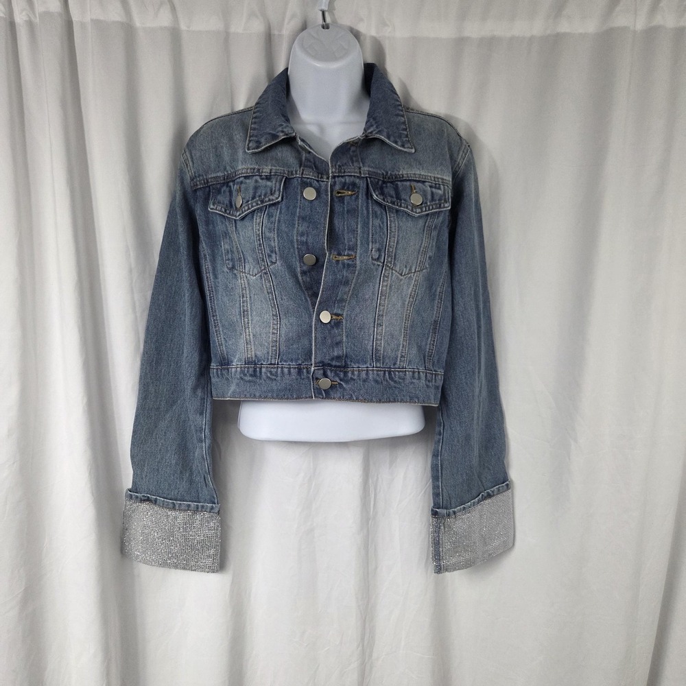 Fashion Nova Jacket Womens Medium Blue Influential Sparkle Denim Rhinestone Cuff
